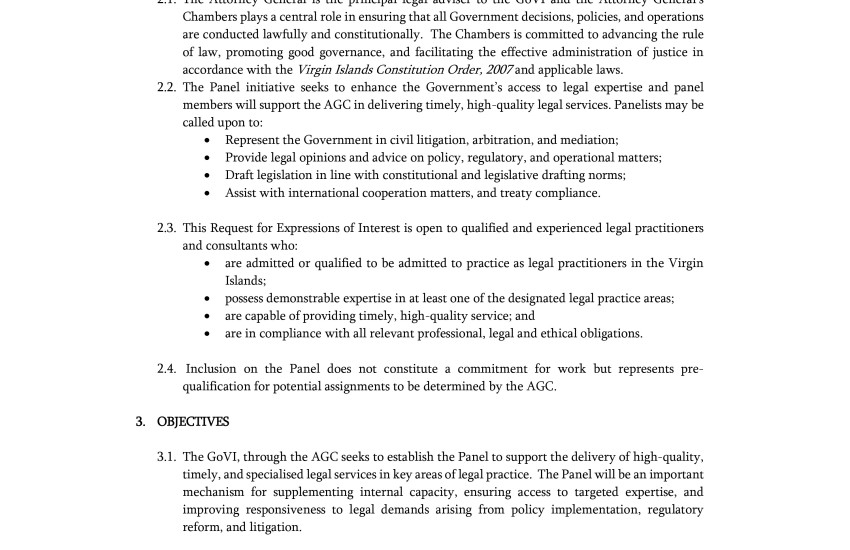 Legal Services Panel for the Government of the Virgin Islands 2