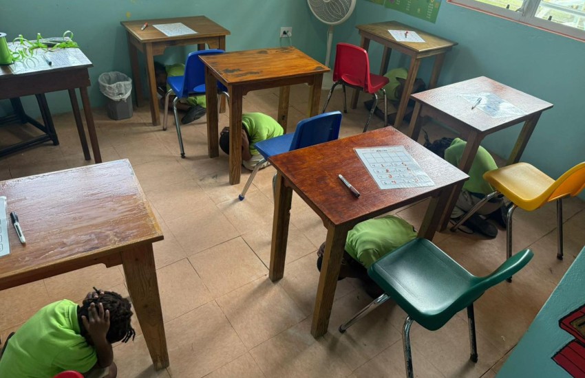 Students at the Valley Day School in Virgin Gorda participating in the ShakeOut earthquake exercise October 16