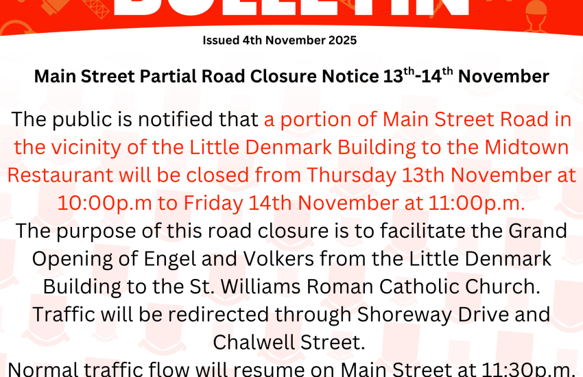 Main Street Partial Road Closure Notice 13th-14th November