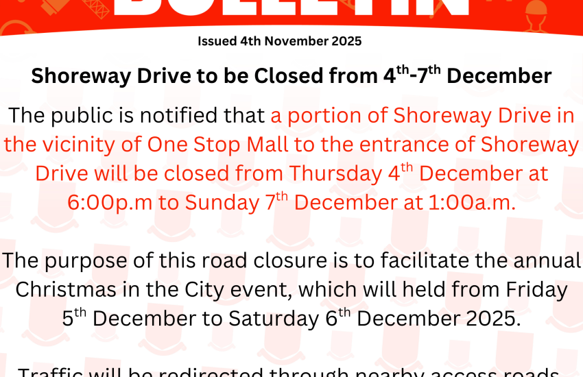 Shoreway Drive to be Closed from 4th-7th December
