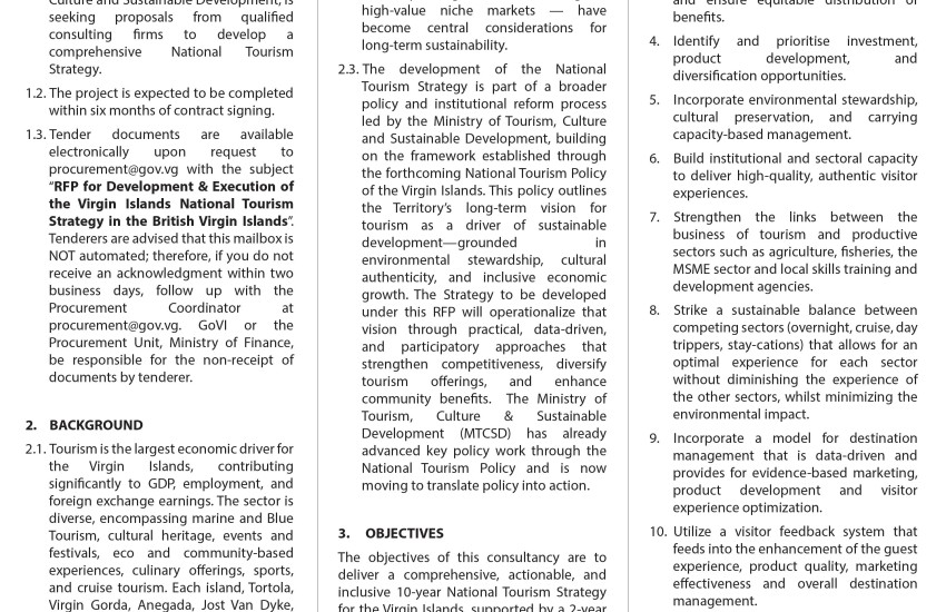 Page 1 of a Virgin Islands government tender notice detailing consultancy services for tourism development, including scope of work and stakeholder engagement.