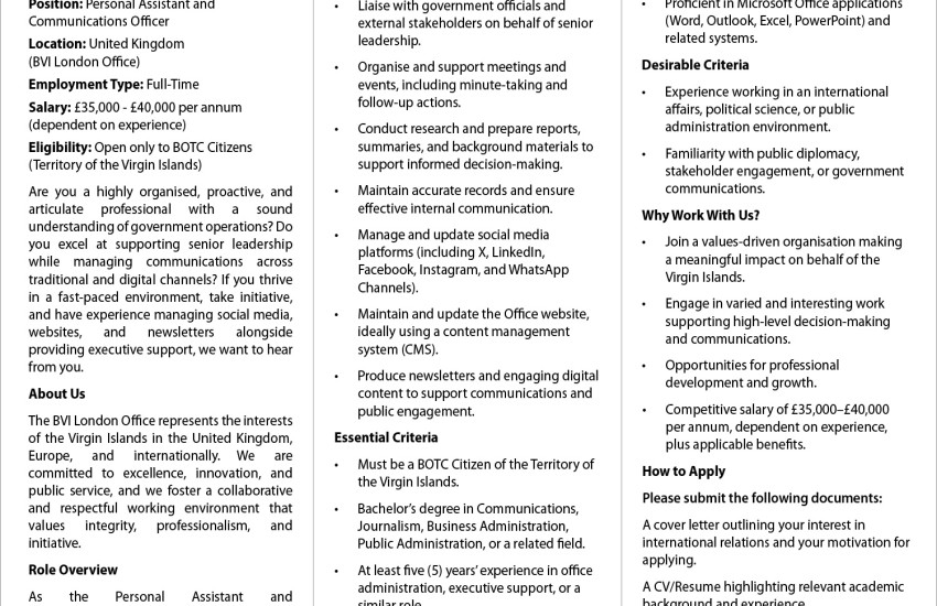 Personal Assistant and Communications Officer - BVI London Office