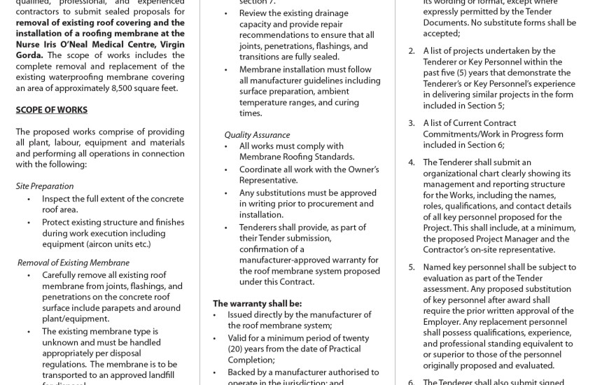 VI Government Seeks Qualified Professionals to Remove and Install Roof for Medical Centre in VG.
