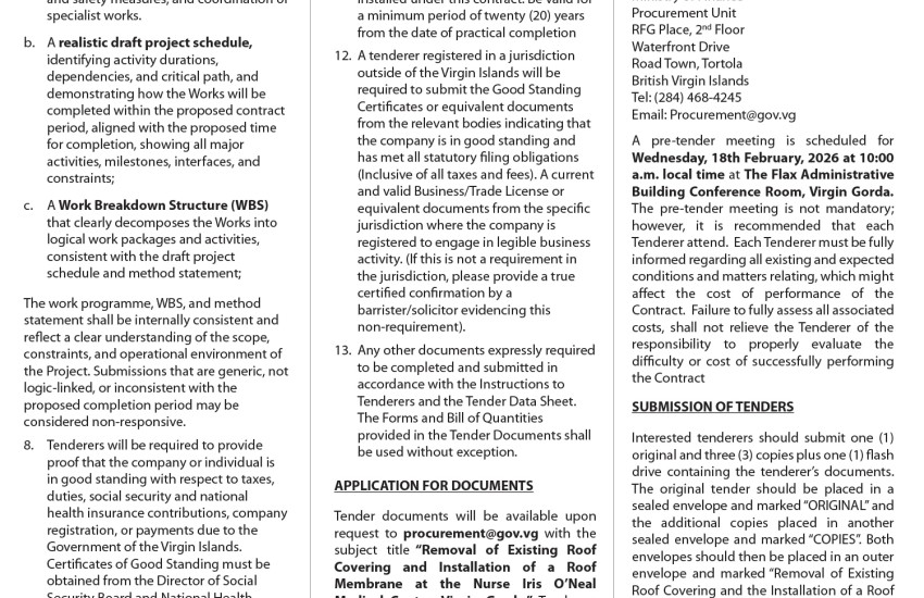 VI Government Seeks Qualified Professionals to Remove and Install Roof for Medical Centre in VG.