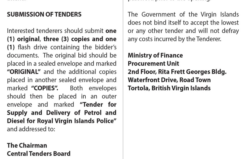 The VI Government Invites Submission of Tenders for the Supply and of Petrol and Diesel. 