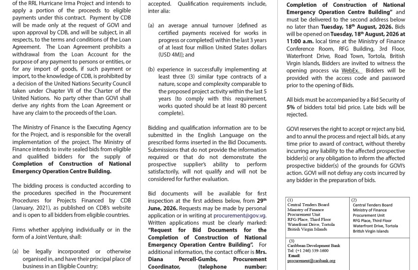 Invitation for Bids for the Completion of the National Emergency Operation Centre Building now Opened 