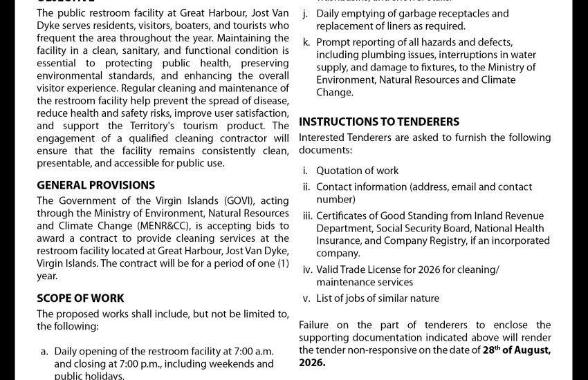  VI Government Seeks Cleaning Services for Restroom in Great Harbor