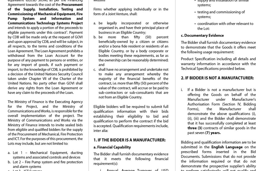  VI Government Seeks Bids to Supply Goods and Related Services 