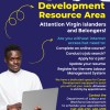 Promotional flyer for the Career Development Resource Area, featuring a young man holding a laptop. It highlights services for Virgin Islanders and Belongers without internet access, including job applications, resume updates, online courses, and Labour Management System registration. Access is by appointment only. Contact details are provided.