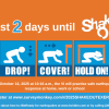 A graphic stating that ShakeOut earthquake exercise 2025 takes place October 16 with a diagram showing the drop, cover and hold earthquake safety response.