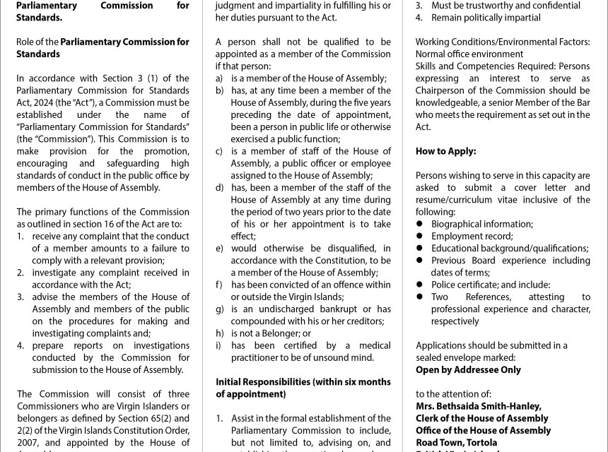 Vacancy Notice - Chairperson for the Commission for Standards 2