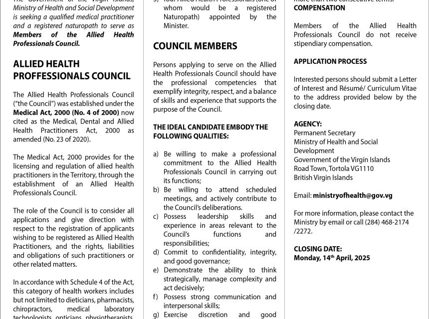 Vacancy Notice Allied Health Professionals Council 2