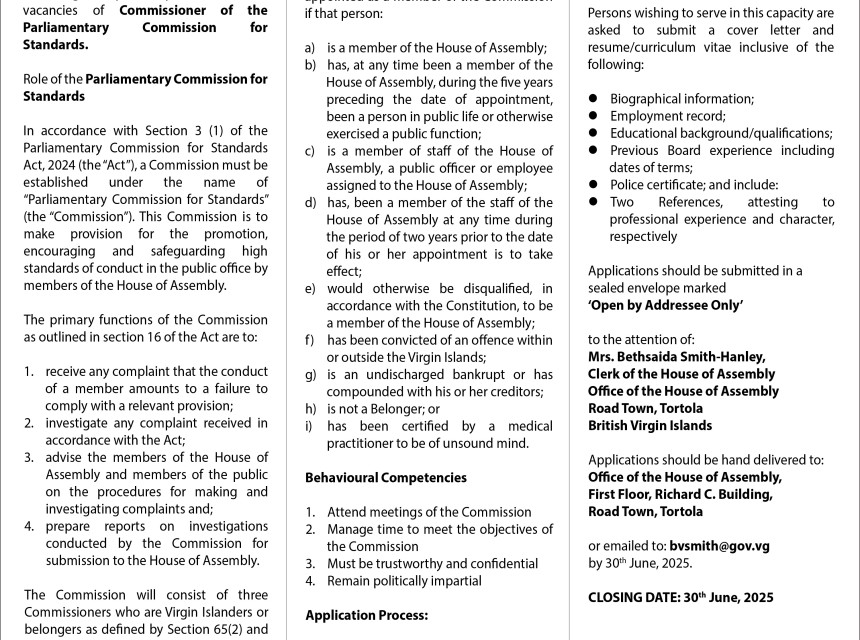 Vacancy Notice - Commissioner Of The Parliamentary Commission For Standards