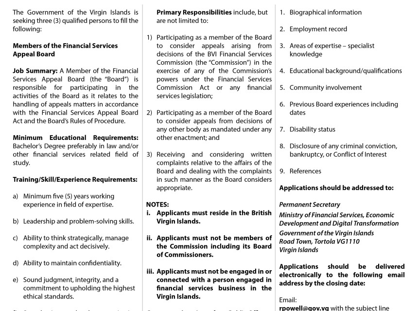 Vacancy Notice - Financial Services Appeal Board Member 2