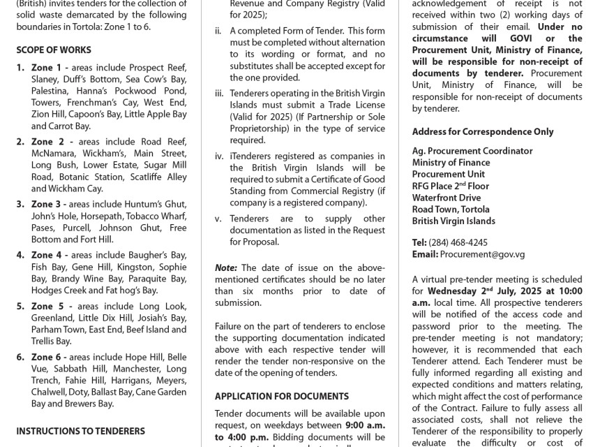 Government of the VI Invites Tenders for Collection of Solid Waste