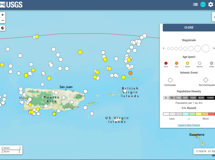 A US Geological Survey map showing the location of earthquakes in the Virgin Islands/Puerto Rico monitoring area between August 25 - September 24, 2025.