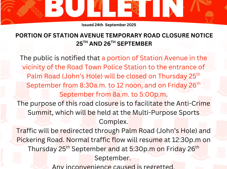 Portion of Station Avenue Temporary Road Closure Notice 25th and 26th September