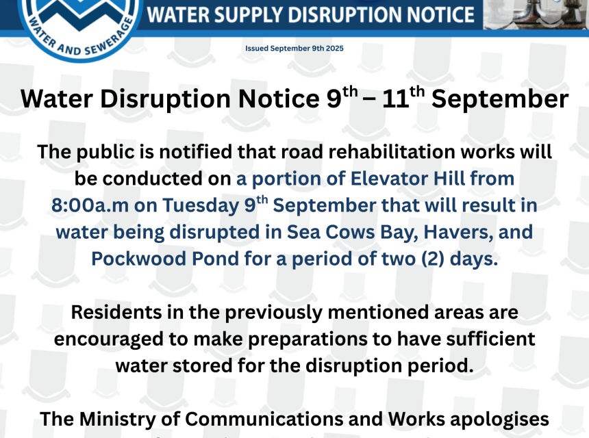 Water Disruption Notice 9th – 11th September (Sea Cows Bay to Pockwood Pond))