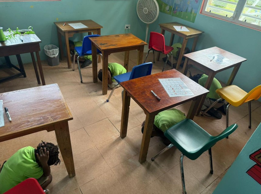 Students at the Valley Day School in Virgin Gorda participating in the ShakeOut earthquake exercise October 16