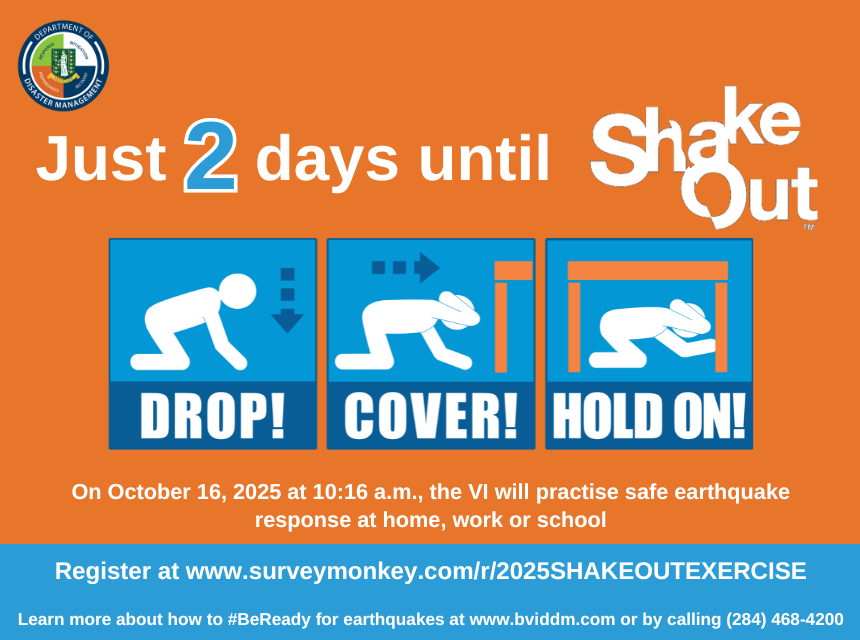 A graphic stating that ShakeOut earthquake exercise 2025 takes place October 16 with a diagram showing the drop, cover and hold earthquake safety response.