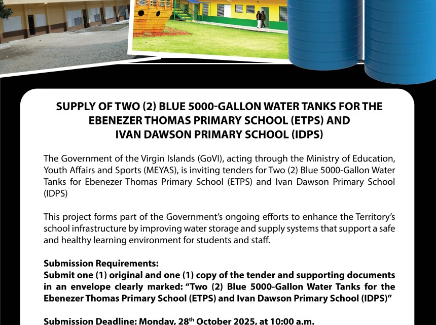 Supply of Two Blue 5000-Gallon Water Tanks for The Ebenezer Thomas Primary School and Ivan Dawson Primary School