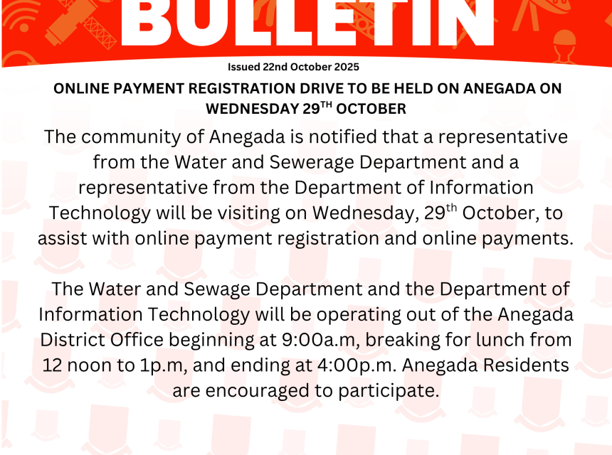 Online Payment Registration Drive to be held on Anegada on Wednesday 29th October