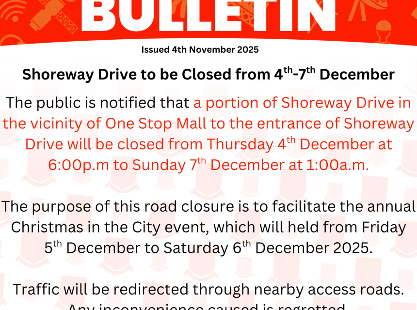 Shoreway Drive to be Closed from 4th-7th December