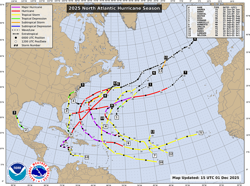 NOAA's map of all named storms and hurricanes of the 2025 Atlantic Hurricane Season.
