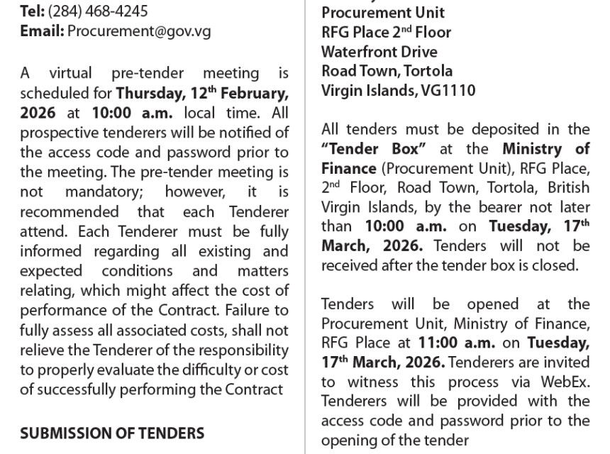  The VI Government invites tenders for the execution of road rehabilitation works