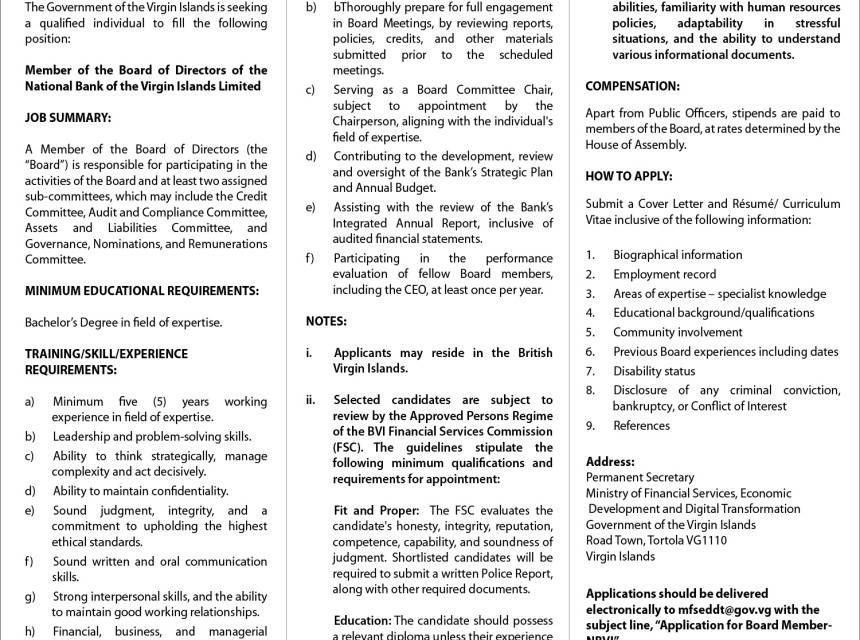 Vacancy Notice National Bank of the Virgin Islands Limited BOD Member - Jan 20-26_Full Page