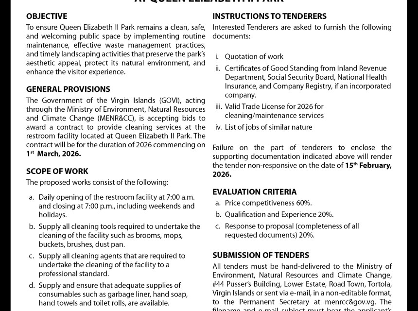 VI Government Seeks Cleaning Services for Restroom Facility at QEII park