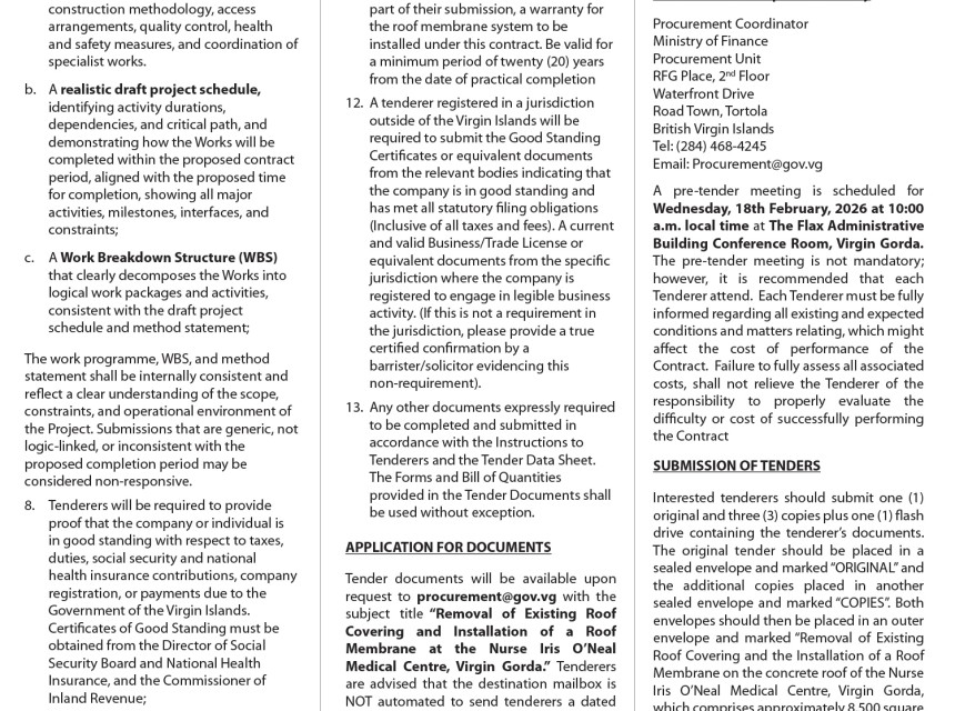 VI Government Seeks Qualified Professionals to Remove and Install Roof for Medical Centre in VG.