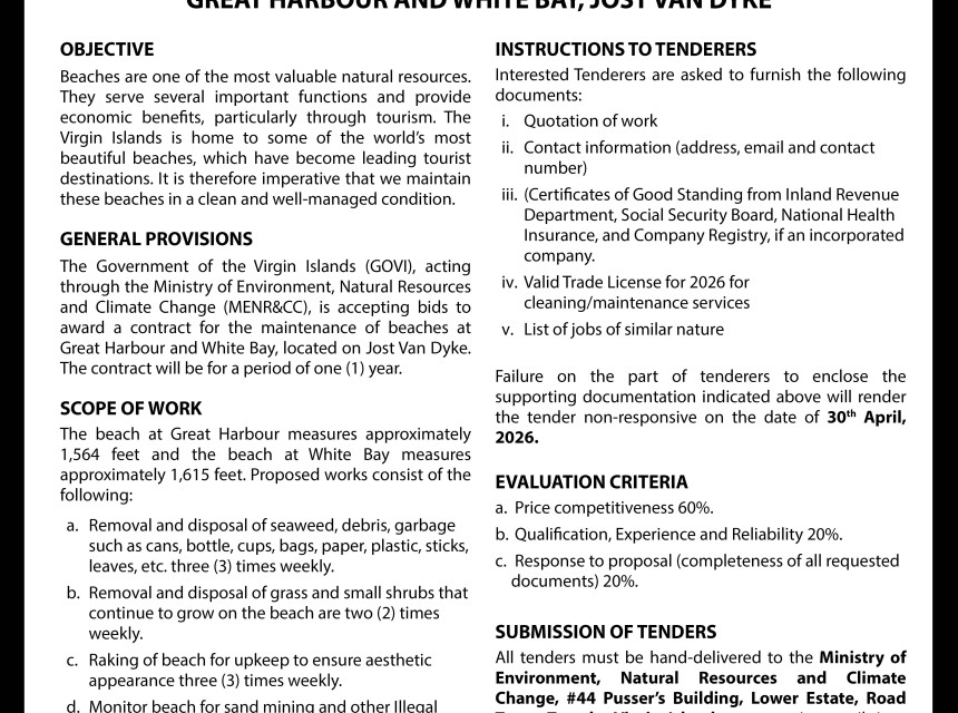 Qualified Companies Invited to Bid for Contract to Maintain Beaches at Jost Van Dyke